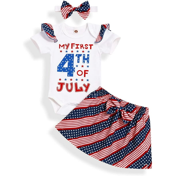 Skirt Headband 3pcs Indepandance Day Outfits Set Newborn Infant Baby Girl My 1st 4th of July Clothes US Flag Star Romper